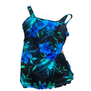 Robby Len Swimfashions  Women's Sz 18W blue One Piece Swimsuit Skirted Front